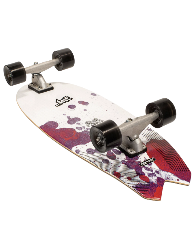Skateboard with a colorful deck and black wheels on a white background
